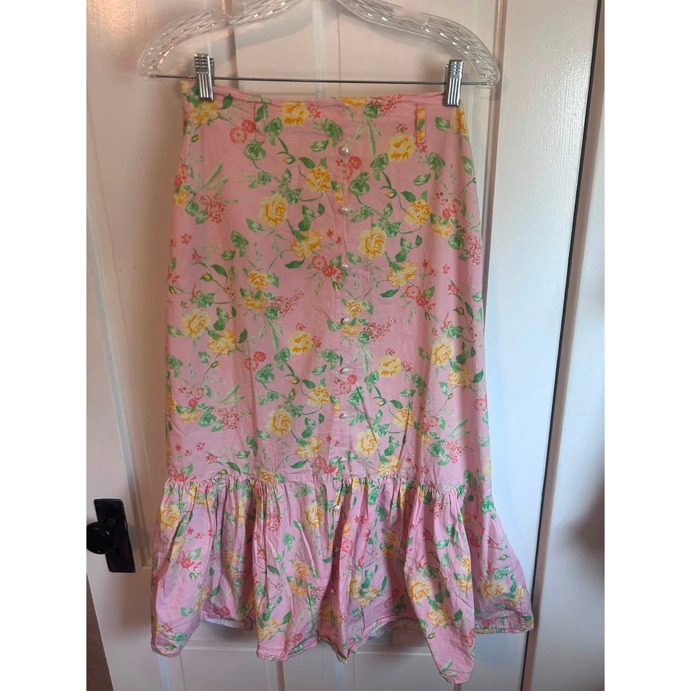 Savida Pink Floral Button Front Ruffle Hem Midi Skirt Small Cottagecore Pearl